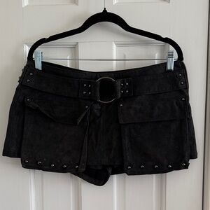 Black Suede Utility Skort with Buckle Belt